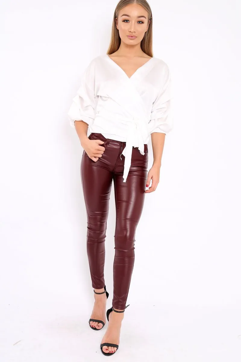 White Satin Ruffle Sleeve Wrapover Top - Susie