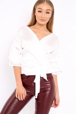 White Satin Ruffle Sleeve Wrapover Top - Susie