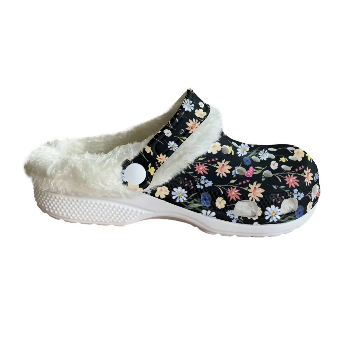 Wildflowers Painted Black Rubber Shoes with Black or White Fleece up to size 12