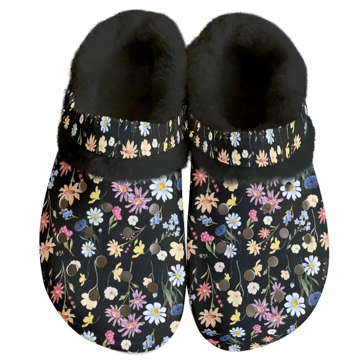 Wildflowers Painted Black Rubber Shoes with Black or White Fleece up to size 12