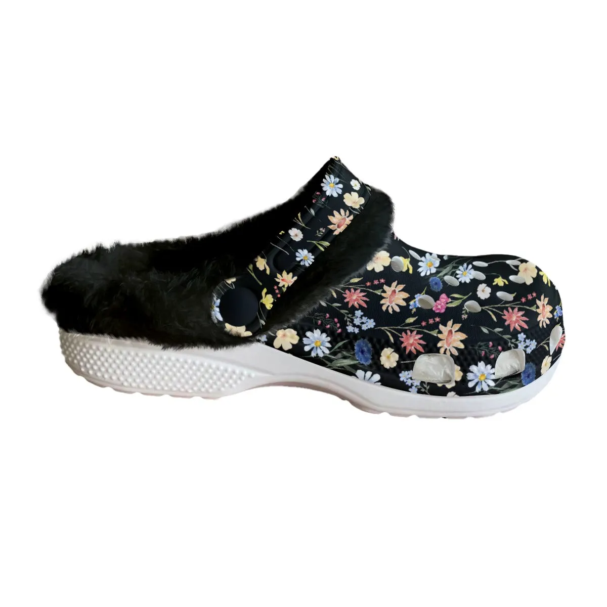 Wildflowers Painted Black Rubber Shoes with Black or White Fleece up to size 12