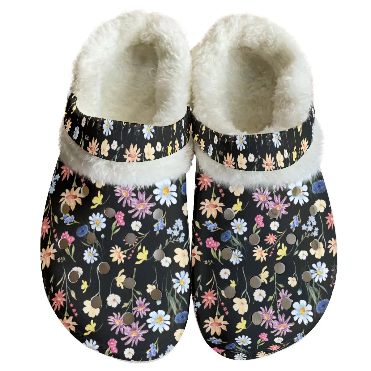 Wildflowers Painted Black Rubber Shoes with Black or White Fleece up to size 12