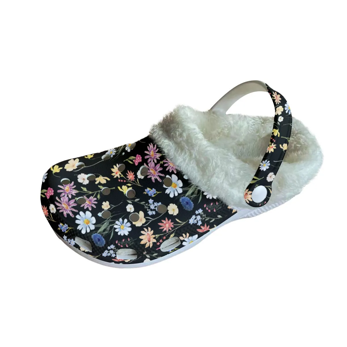 Wildflowers Painted Black Rubber Shoes with Black or White Fleece up to size 12