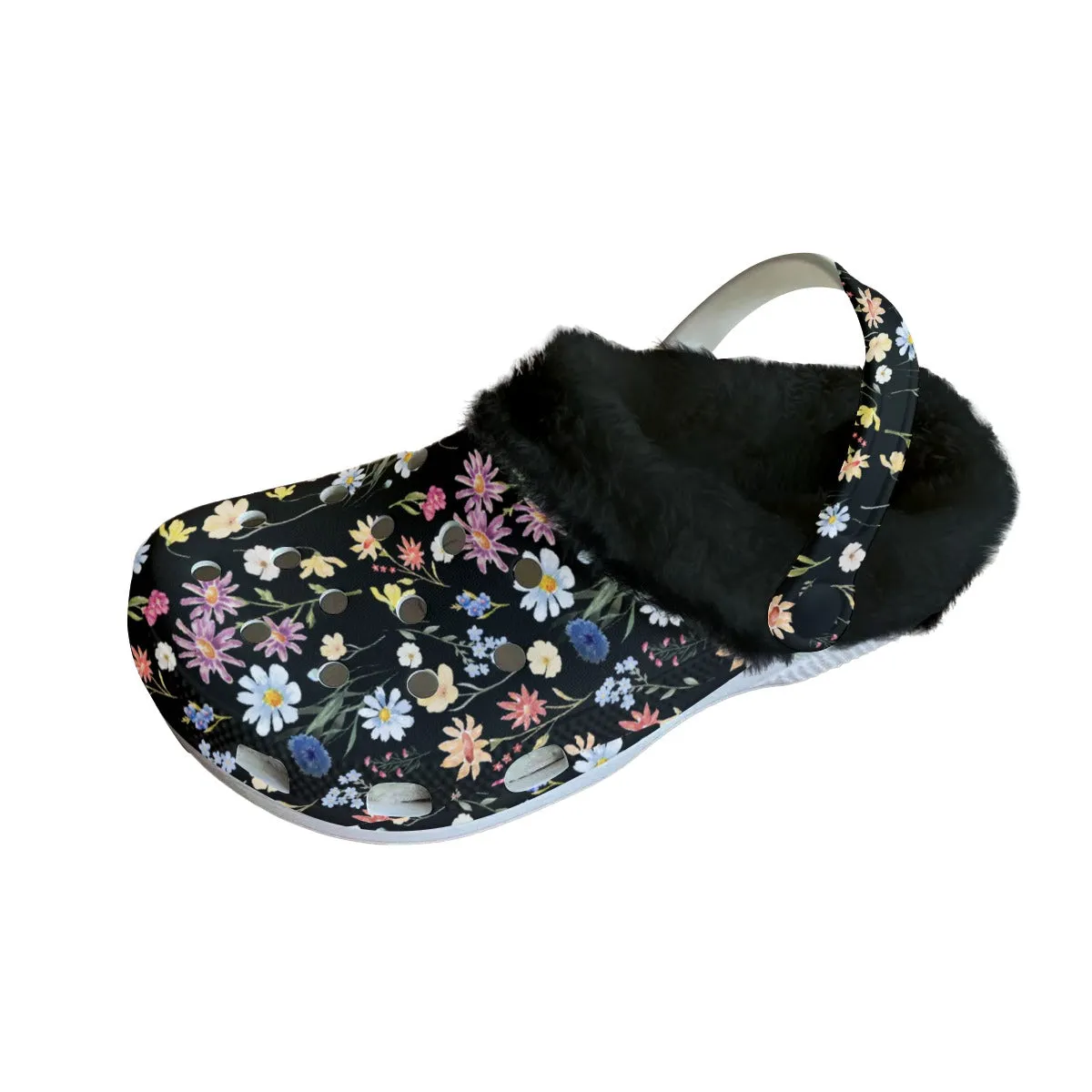 Wildflowers Painted Black Rubber Shoes with Black or White Fleece up to size 12