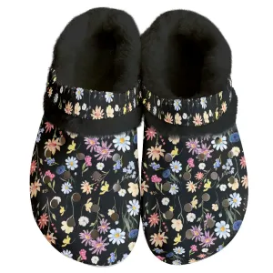 Wildflowers Painted Black Rubber Shoes with Black or White Fleece up to size 12