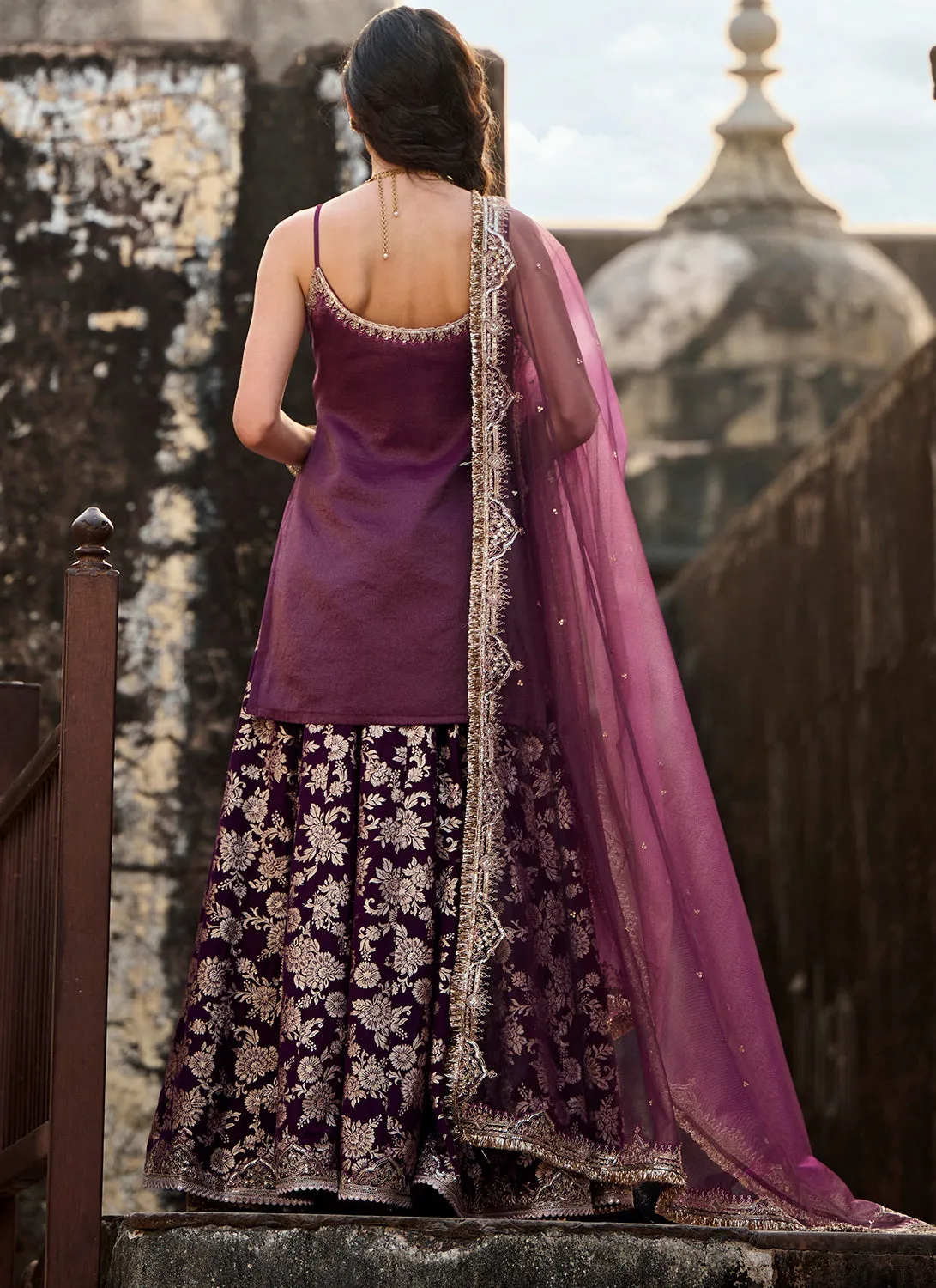 Wine Embroidered Brocade Sharara Suit
