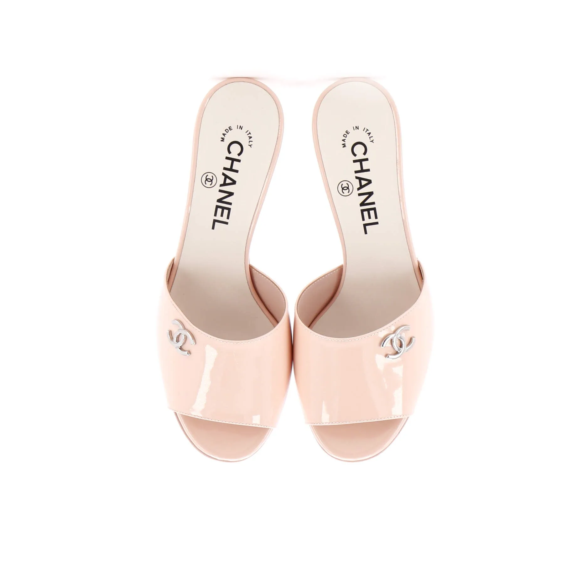 Women's CC Heeled Mules Patent with Faux Pearls