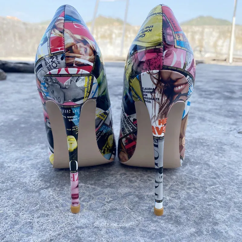 Women's pointed Graffiti high heels
