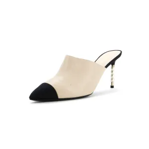 Women's Pointed Toe Heeled Mules Leather with Faux Pearls