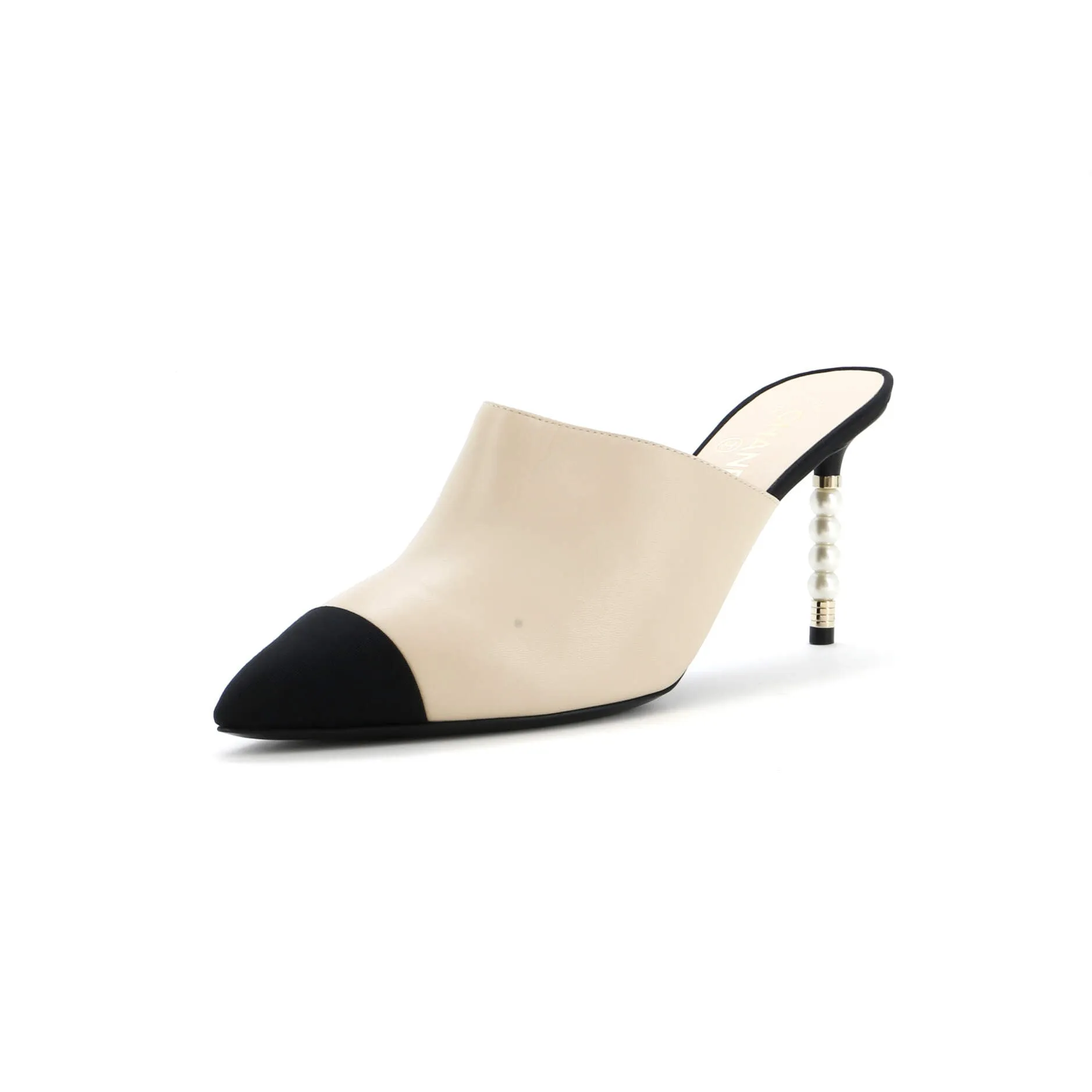 Women's Pointed Toe Heeled Mules Leather with Faux Pearls